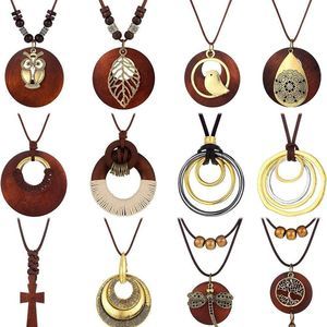12 Pcs Long Wooden Boho Necklaces Jewelry for Women Long Necklaces